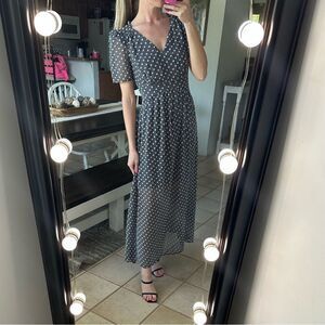 Calvin Klein Black & White Gingham Polka Dotted Long Chiffon Maxi Dress